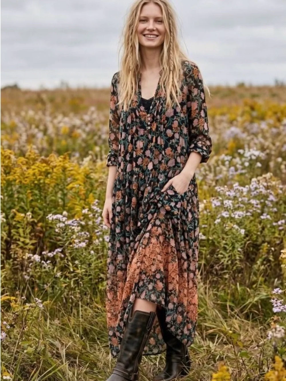 Free People Dress Women’s XS See It Through Floral Boho Prairie Maxi